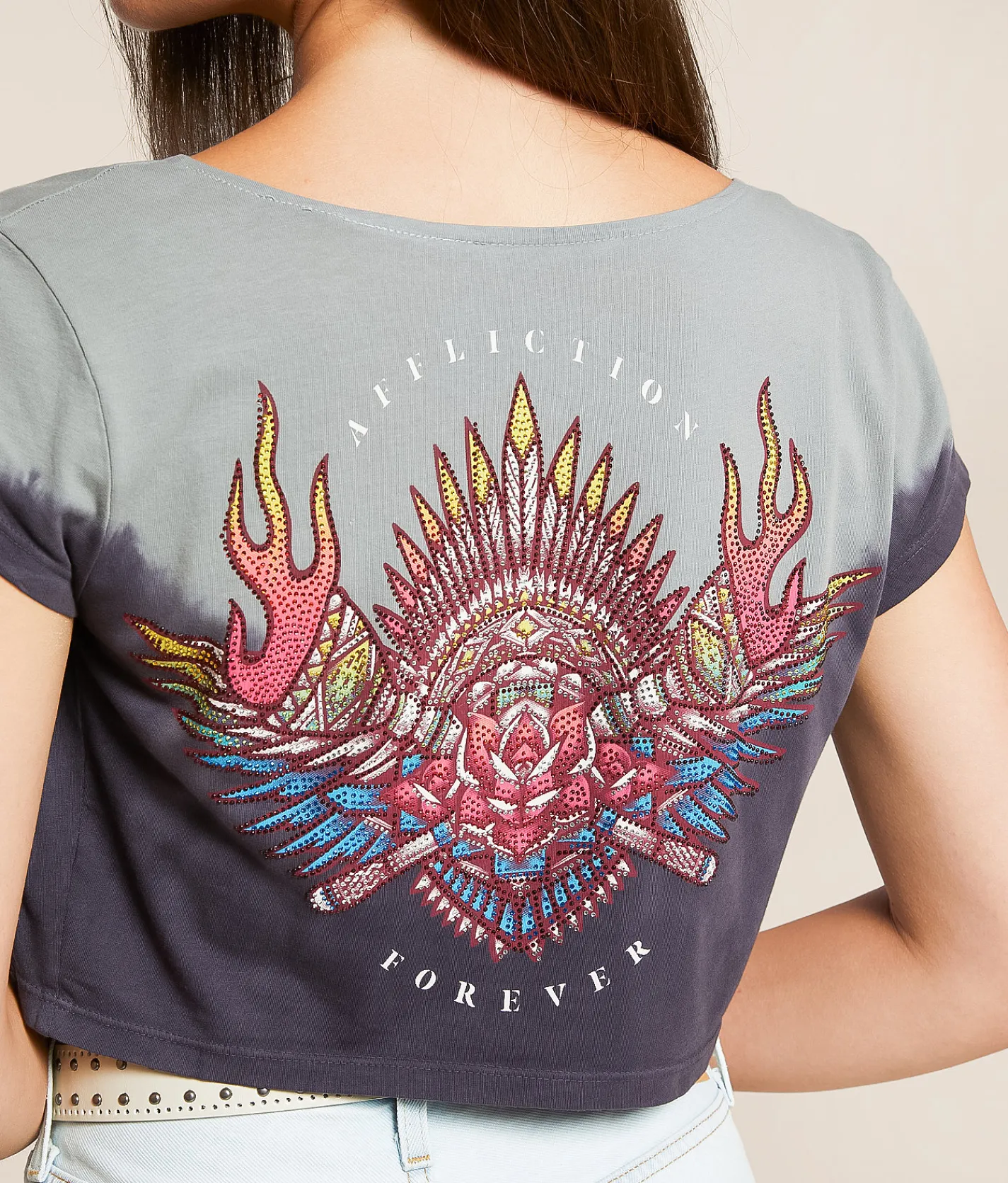 Tops | Affliction Tribal Fire Cropped T-Shirt Dark Charcoal Cool Gray