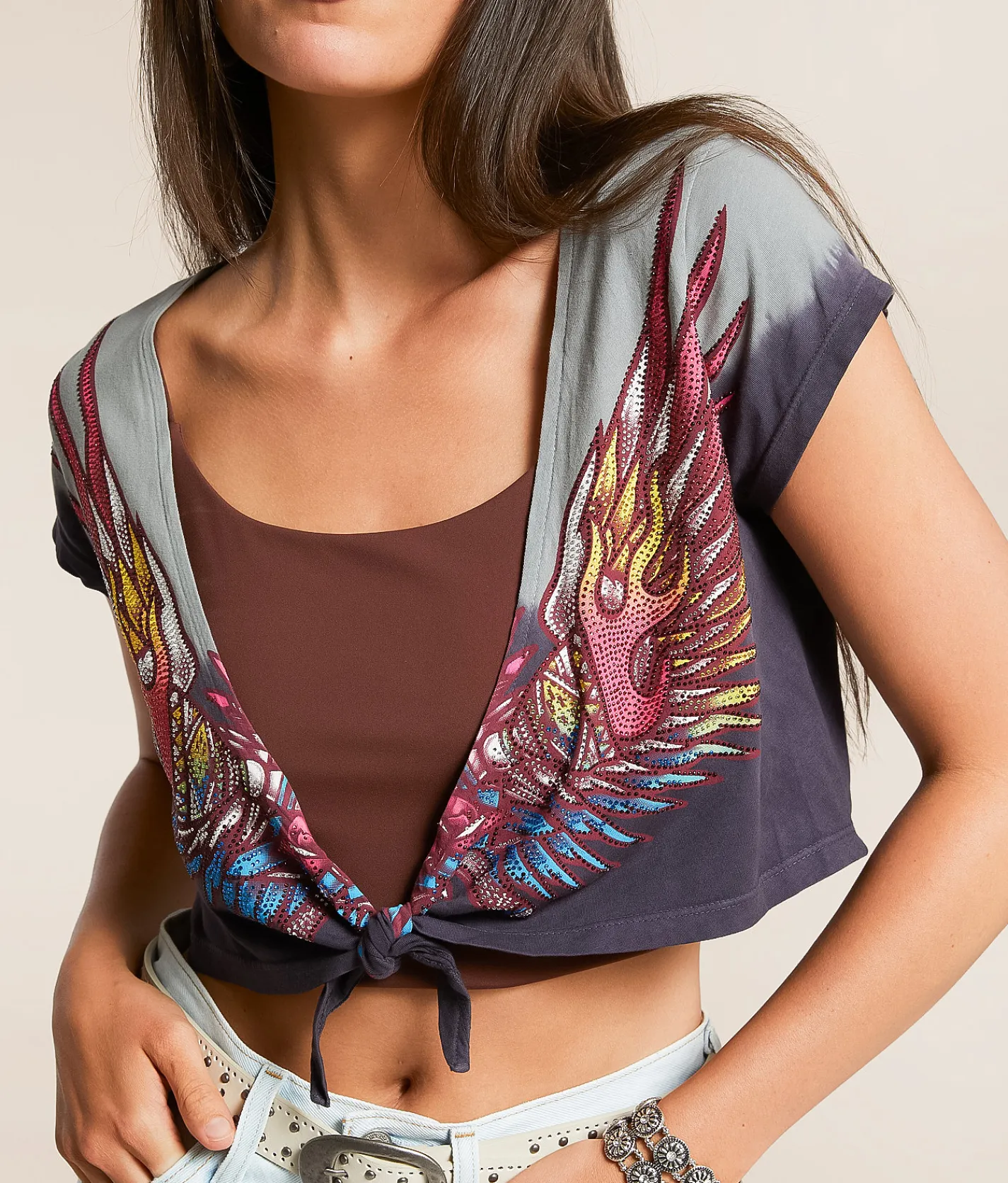 Tops | Affliction Tribal Fire Cropped T-Shirt Dark Charcoal Cool Gray