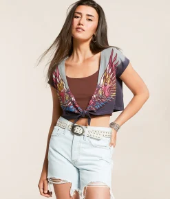Tops | Affliction Tribal Fire Cropped T-Shirt Dark Charcoal Cool Gray