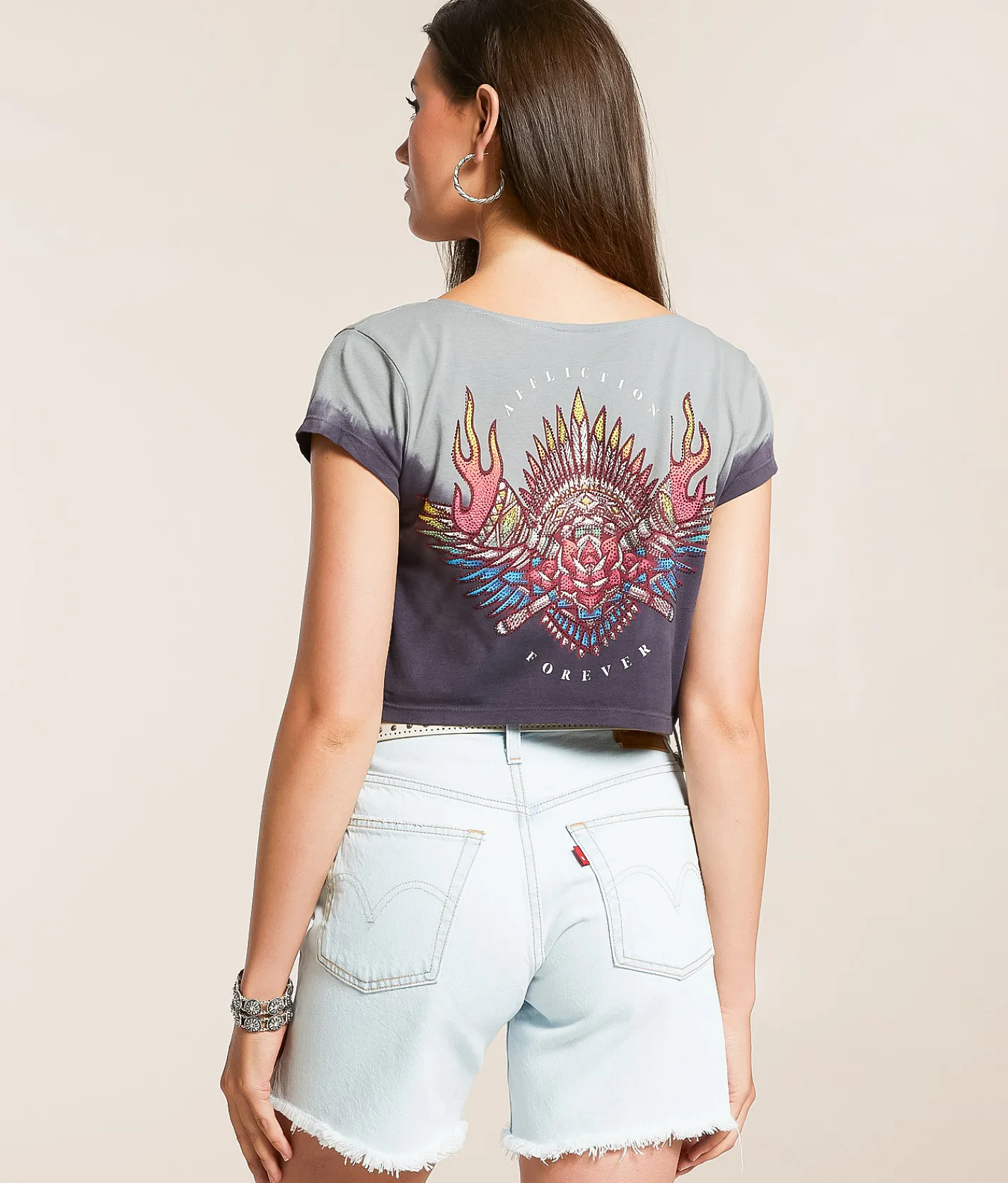 Tops | Affliction Tribal Fire Cropped T-Shirt Dark Charcoal Cool Gray