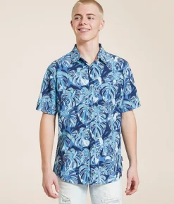 Tops | Departwest Tropical Athletic Performance Stretch Shirt Navy Teal