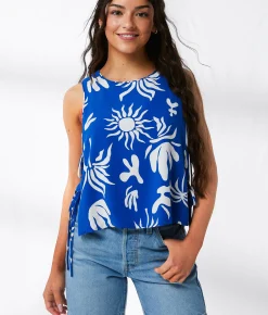Tops | 33 Coastal Tropical Side Tie Tank Top Blue