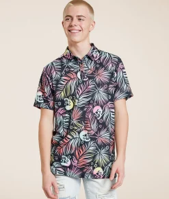 Tops | Departwest Tropical Skull Performance Polo Black Skulls