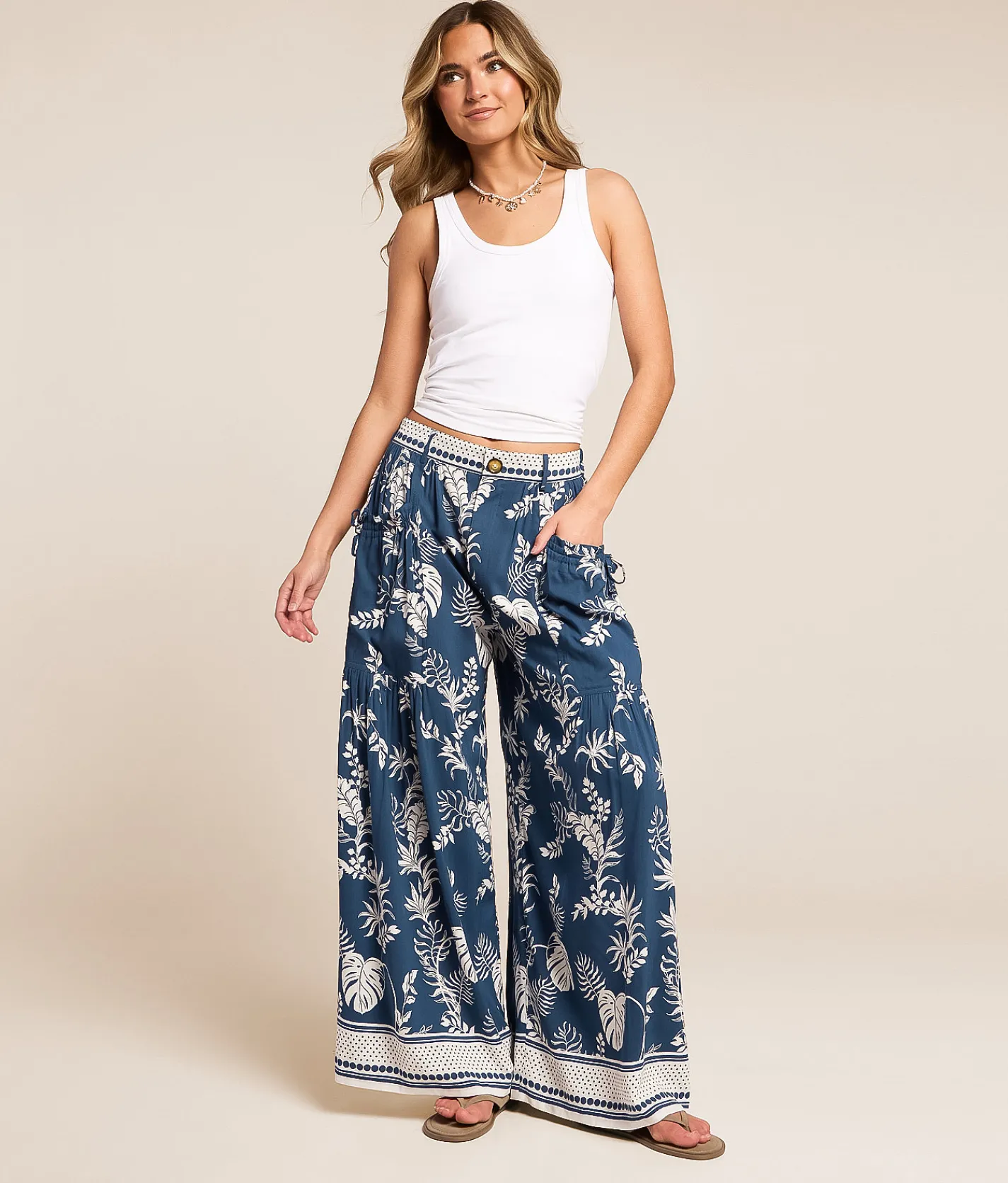 Angie Tropical Wide Leg Beach Pant Blue