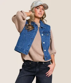 Tops|Coats & Jackets | Willow & Root Trucker Striped Denim Stretch Vest Dark Denim