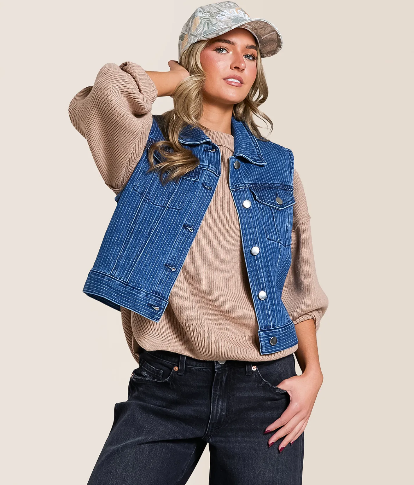 Tops|Coats & Jackets | Willow & Root Trucker Striped Denim Stretch Vest Dark Denim