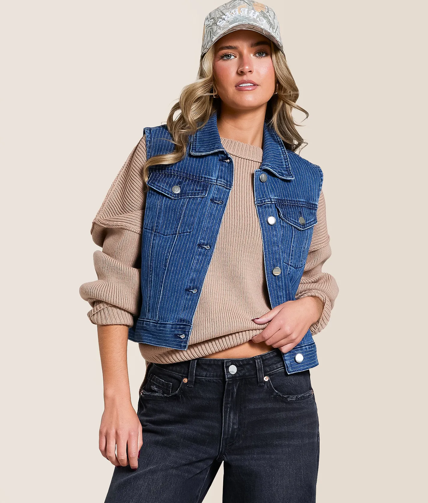 Tops|Coats & Jackets | Willow & Root Trucker Striped Denim Stretch Vest Dark Denim