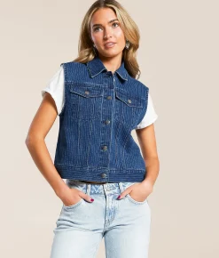 Tops|Coats & Jackets | Willow & Root Trucker Striped Denim Stretch Vest Dark Denim