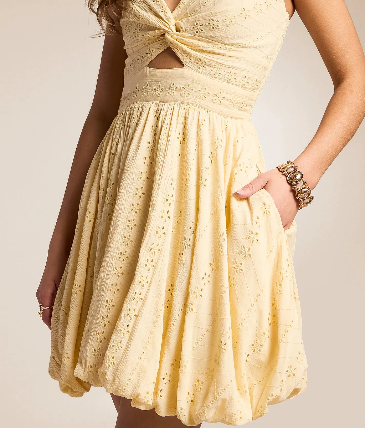 Dresses | Willow & Root Twisted Eyelet Mini Dress Yellow