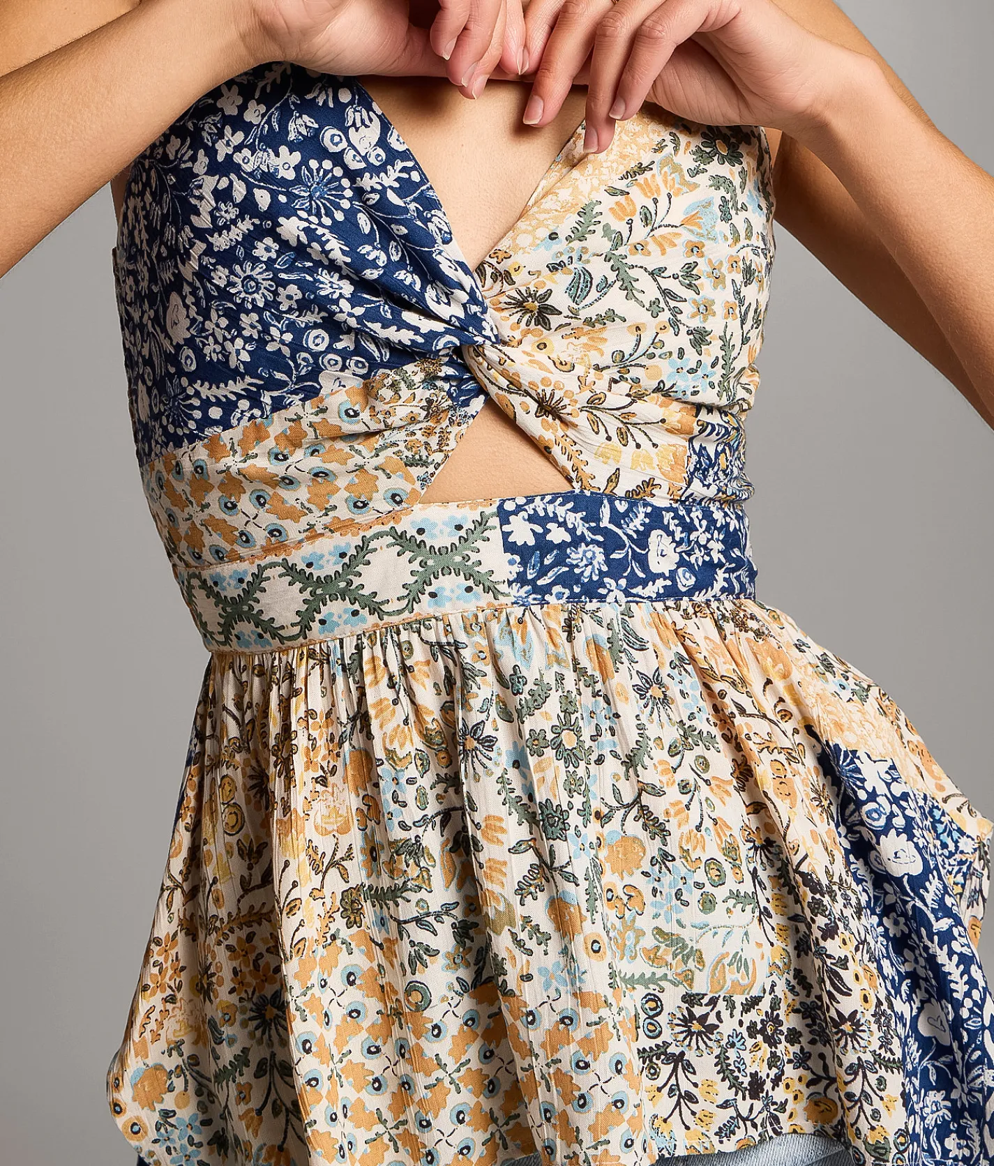 Tops | BKE Twisted Floral Patchwork Tank Top Blue Multi