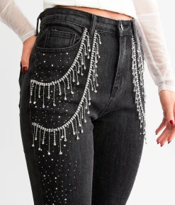 Blue B Ultra High Rise Rhinestone Fringe Flare Stretch Jean Washed Black Sale