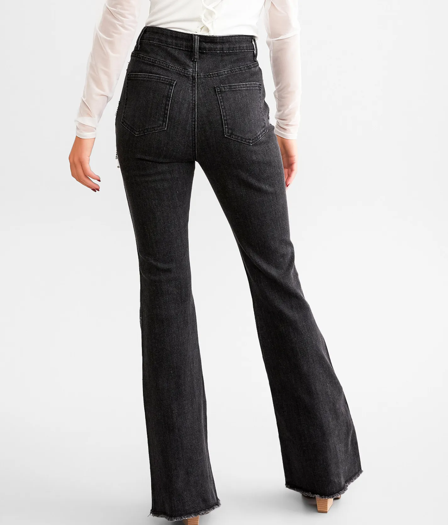 Blue B Ultra High Rise Rhinestone Fringe Flare Stretch Jean Washed Black Sale