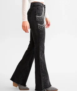 Blue B Ultra High Rise Rhinestone Fringe Flare Stretch Jean Washed Black Sale