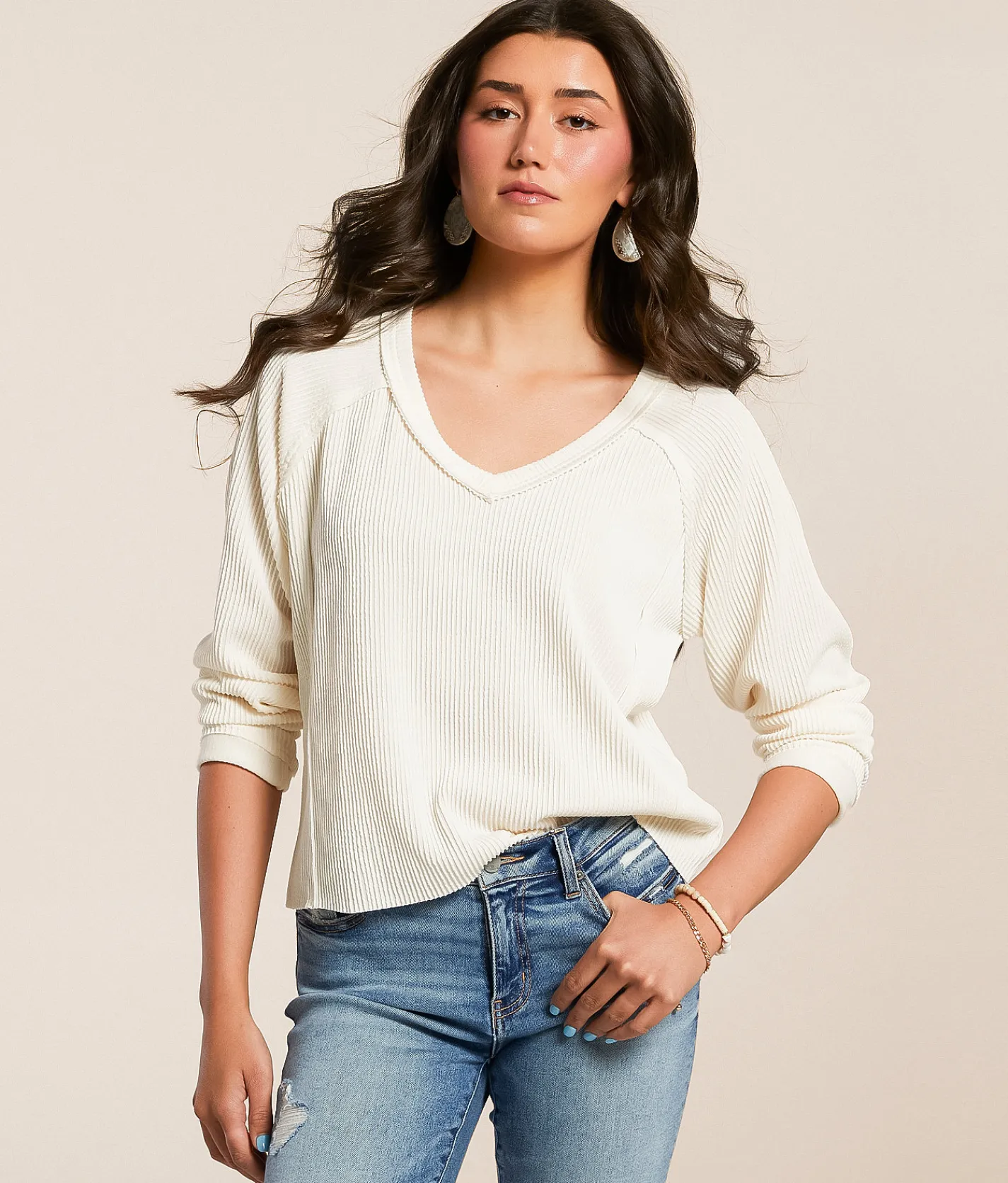 BKE Urban Ribbed Top Cream Sale