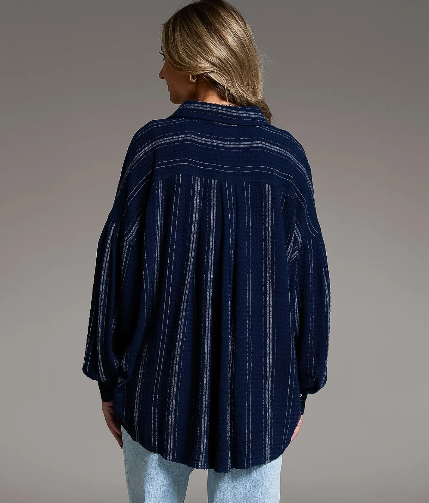BKE Variegated Stripe Oversized Shirt Navy White Sale