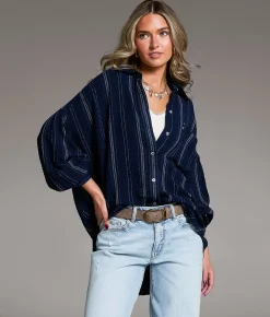 BKE Variegated Stripe Oversized Shirt Navy White Sale