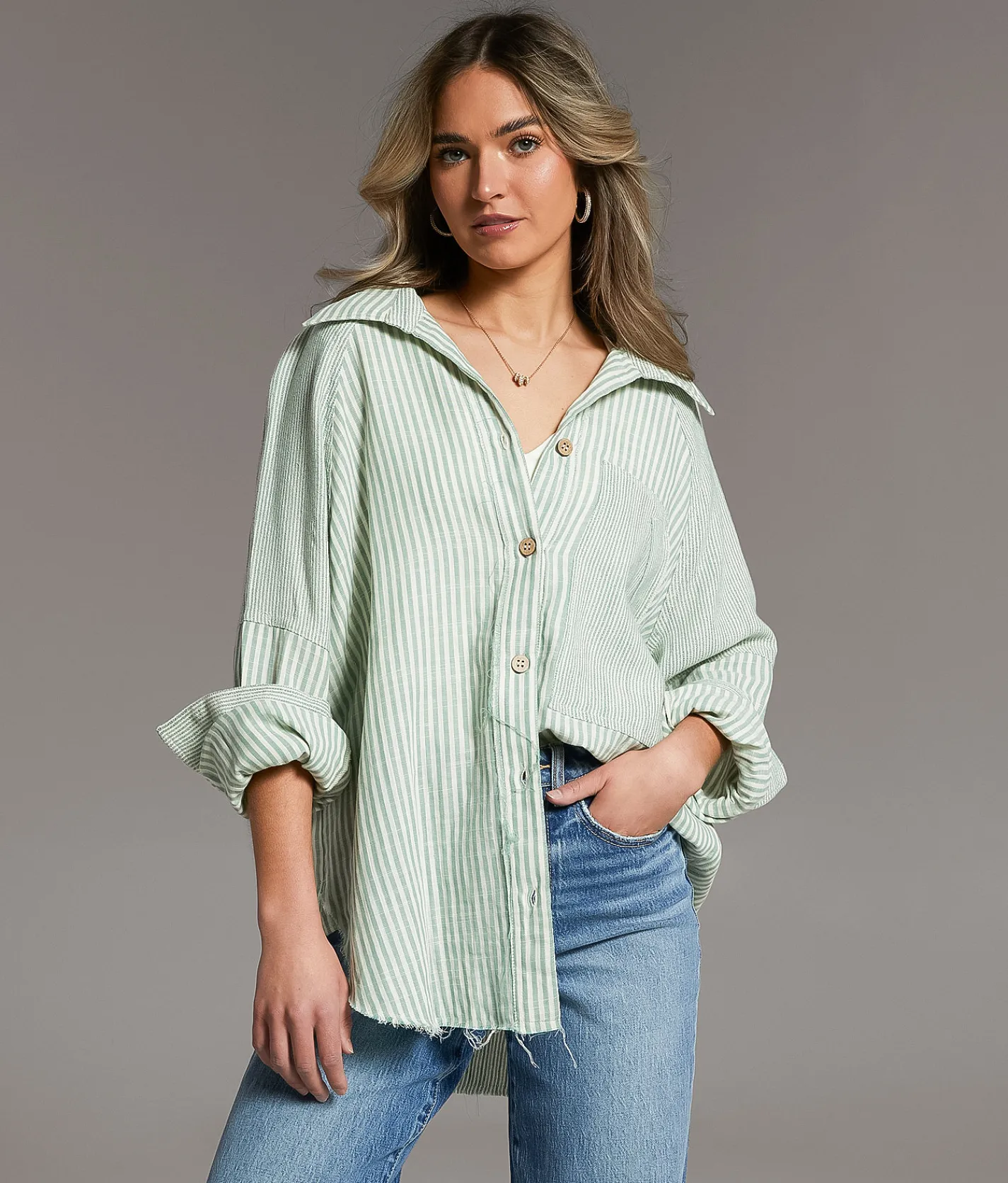 Tops | BKE Variegated Stripe Oversized Shirt Dark Olive