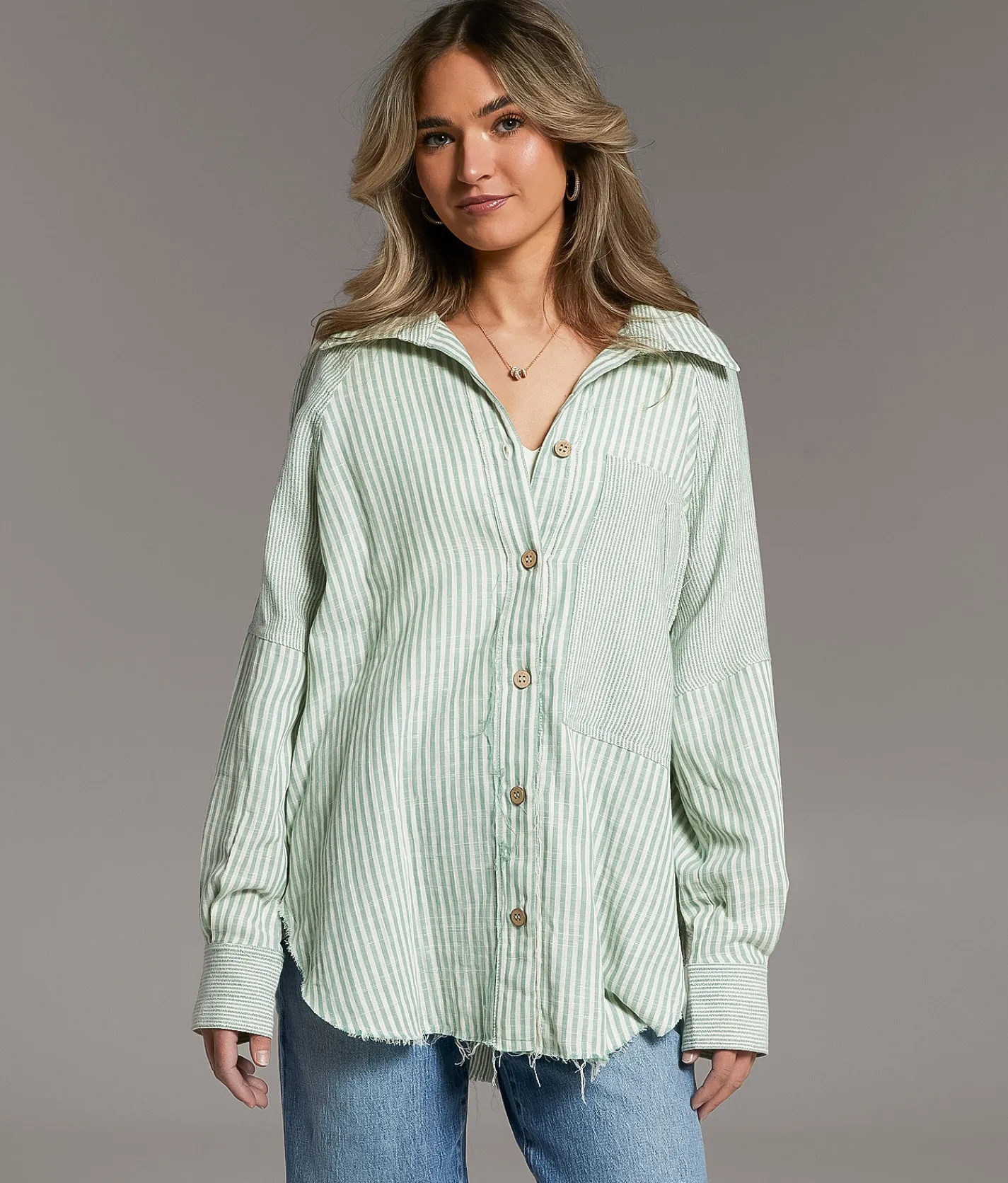 Tops | BKE Variegated Stripe Oversized Shirt Dark Olive