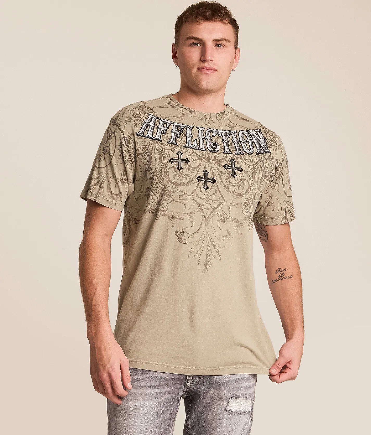 Tops|Graphic T-Shirts | Affliction Velvet Scorn T-Shirt Aluminium Lava Wash