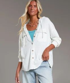 Tops | BKE Waffle Knit Boyfriend Hooded Shirt Cream Vetiver