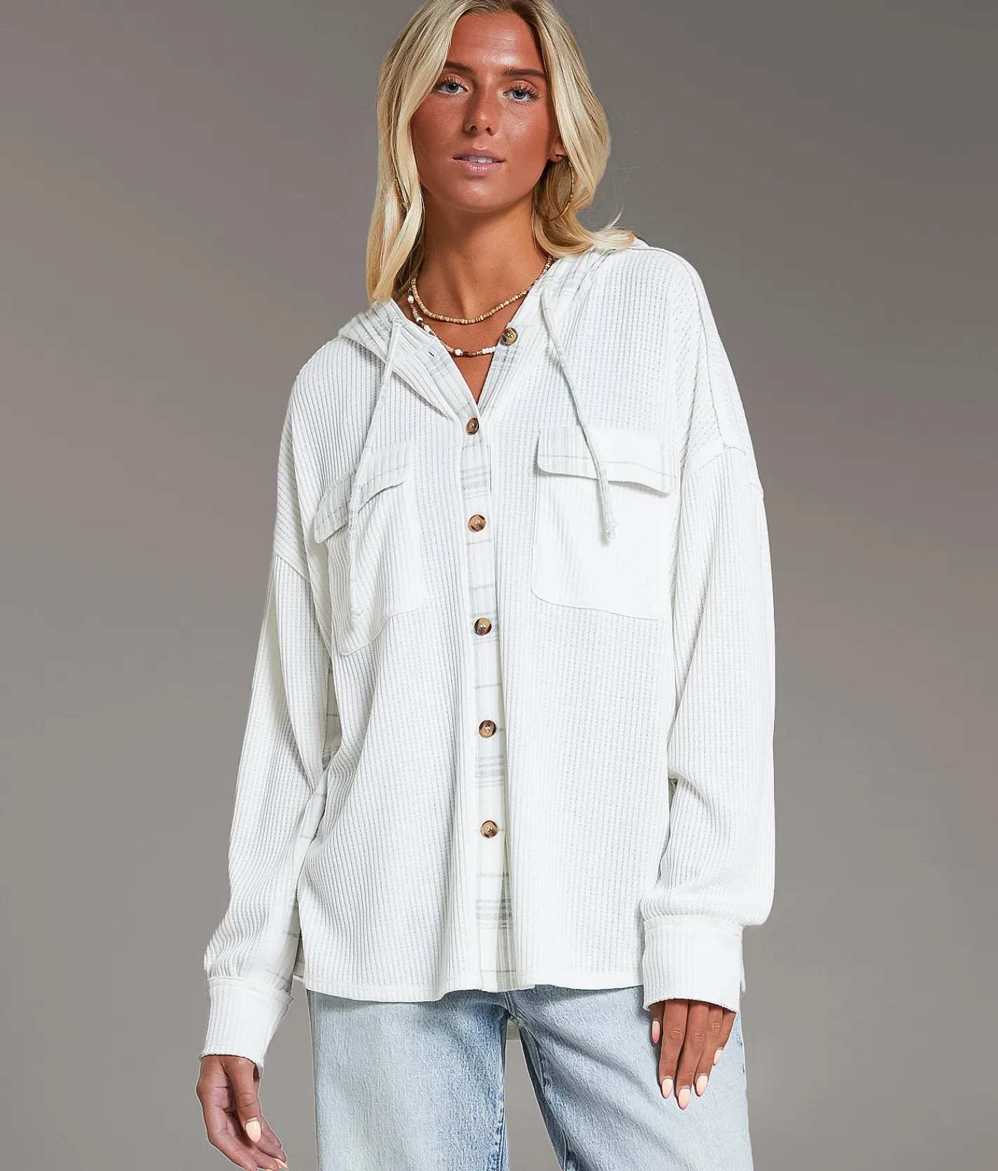 Tops | BKE Waffle Knit Boyfriend Hooded Shirt Cream Vetiver