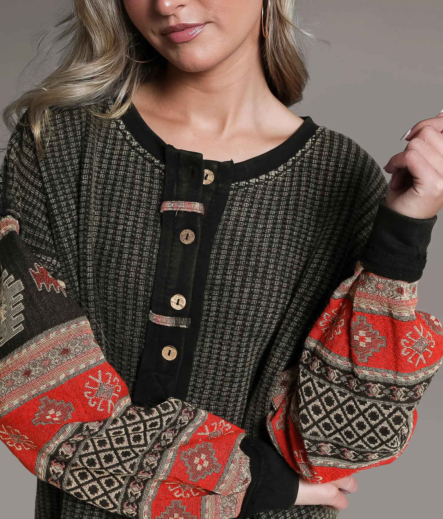 BKE Waffle Knit Henley Washed Black New