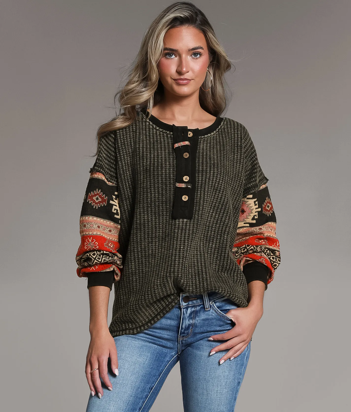 BKE Waffle Knit Henley Washed Black New