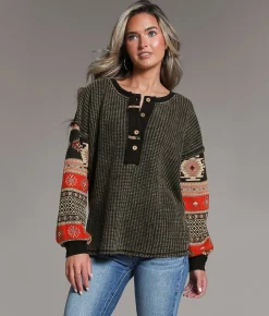 BKE Waffle Knit Henley Washed Black New