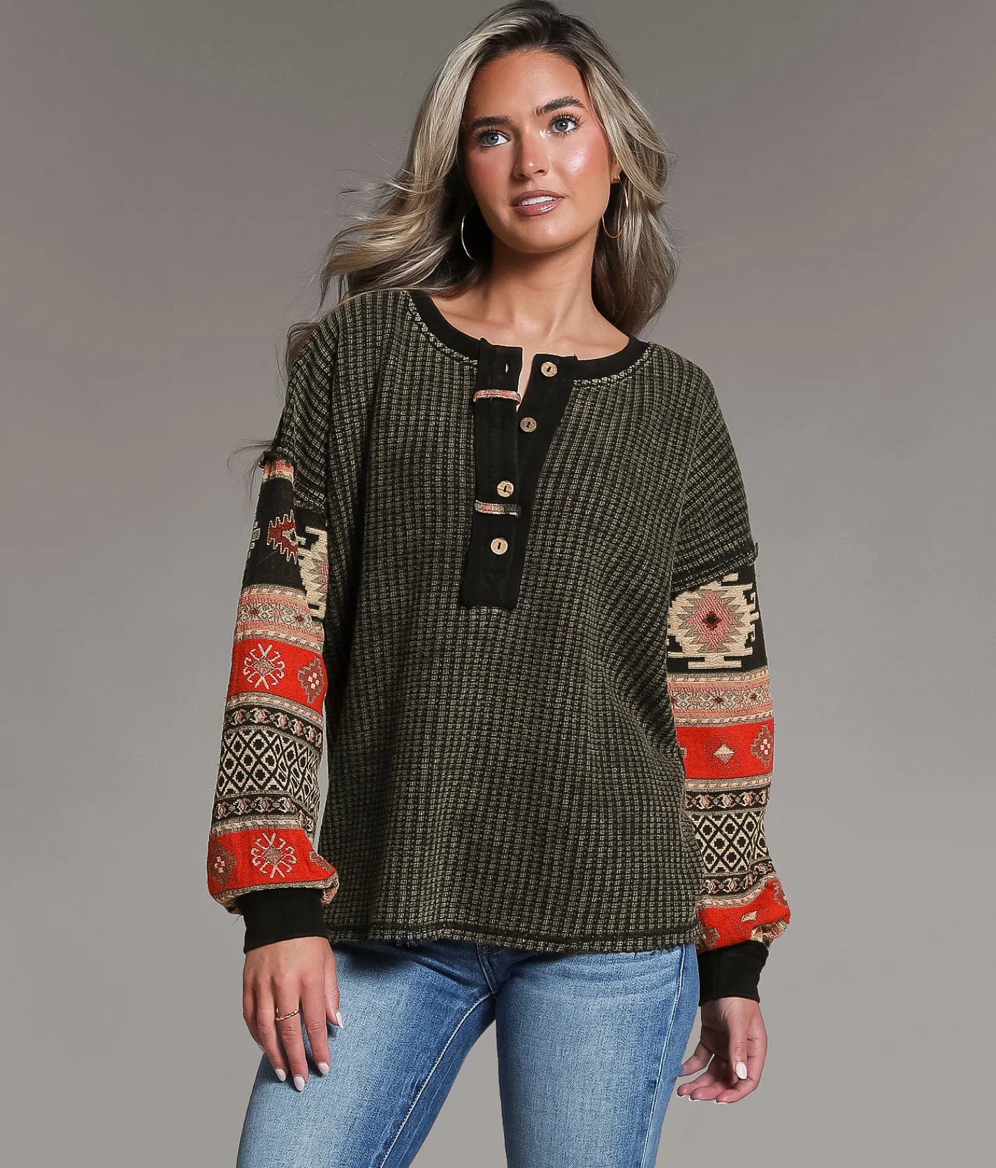 BKE Waffle Knit Henley Washed Black New