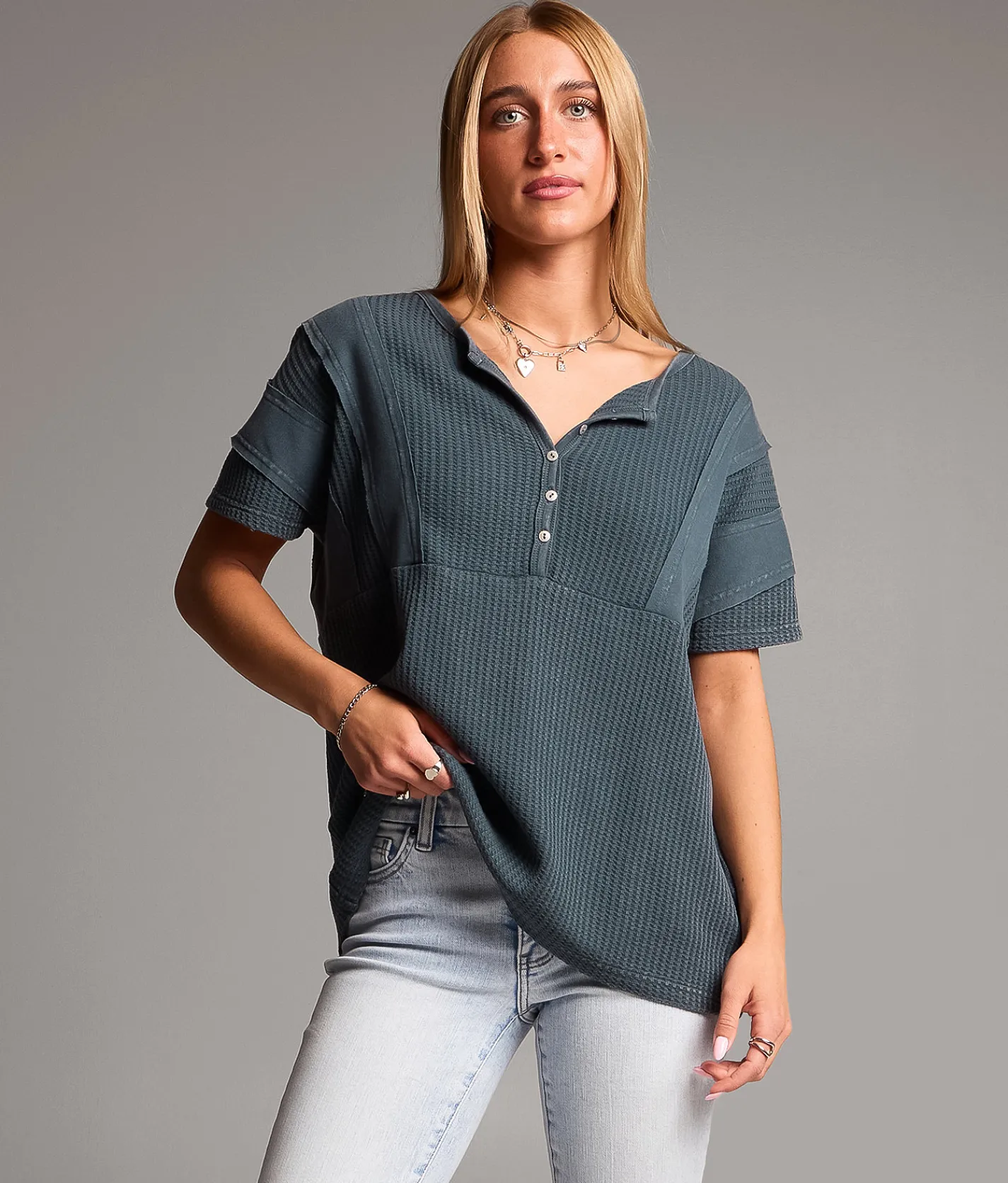BKE Waffle Knit Henley Dark Slate Discount