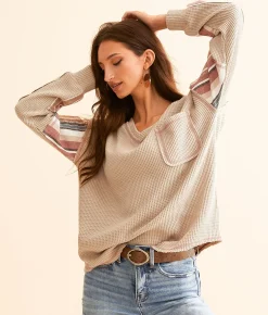 BKE Waffle Knit Striped Top Brown Clearance