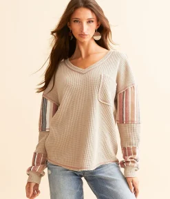 BKE Waffle Knit Striped Top Brown Clearance