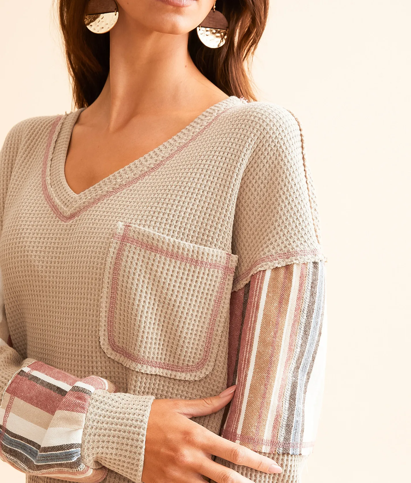 BKE Waffle Knit Striped Top Brown Clearance