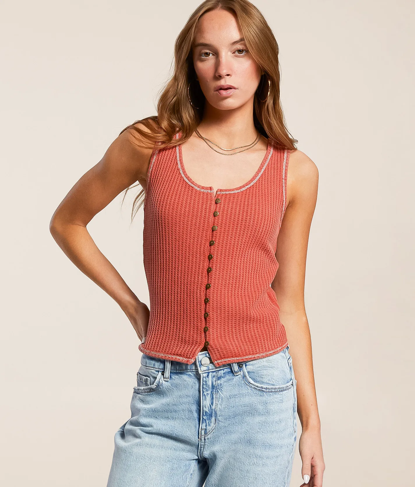 Gilded Intent Waffle Knit Tank Top Hot Sauce Clearance