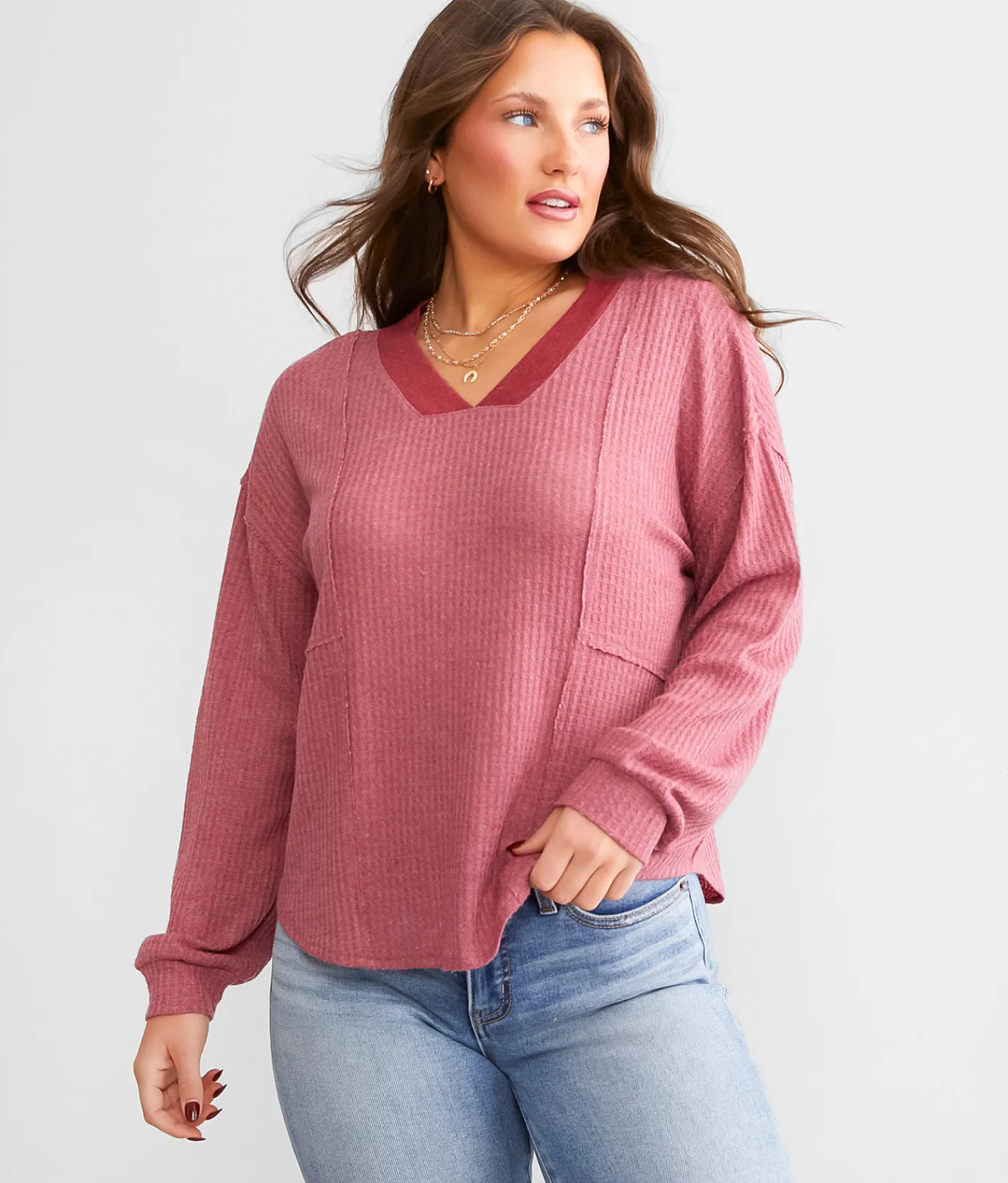 BKE Waffle Knit Top Rosewood Online