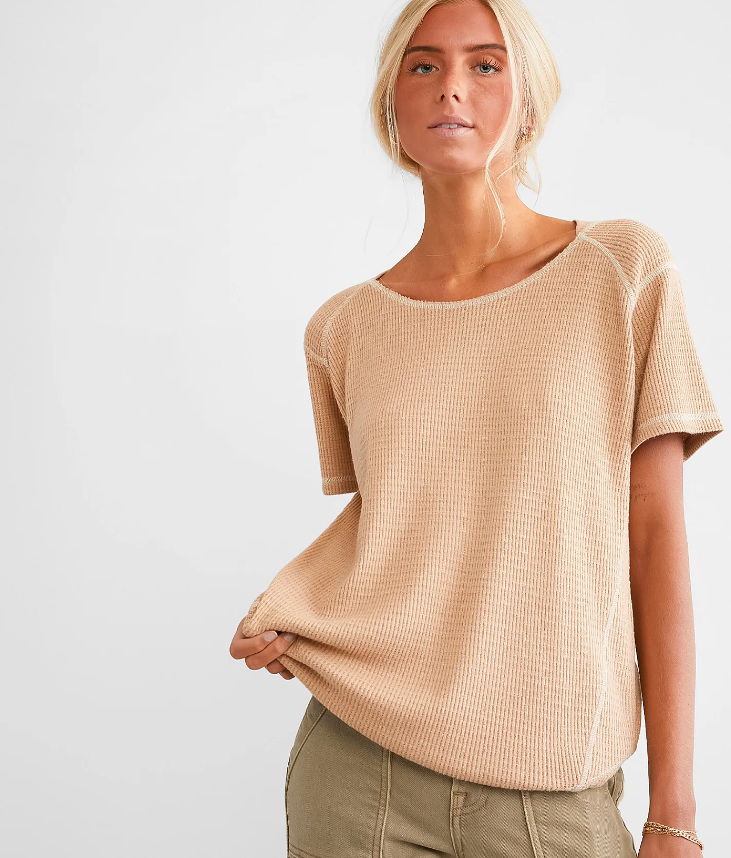 BKE Waffle Knit Top Natural Hot