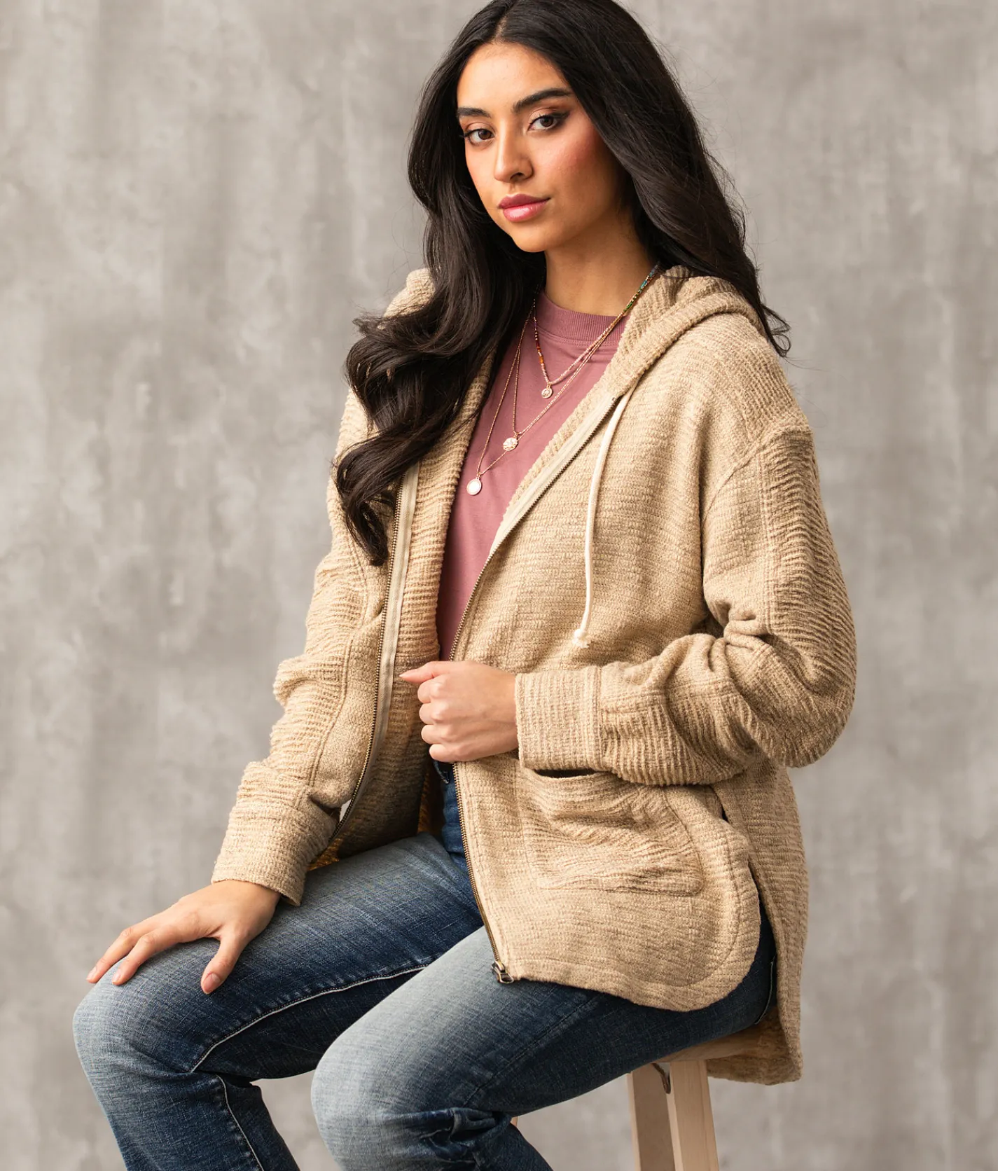 Activewear | Buckle Black Waffle Stitch Oversized Hoodie Tan