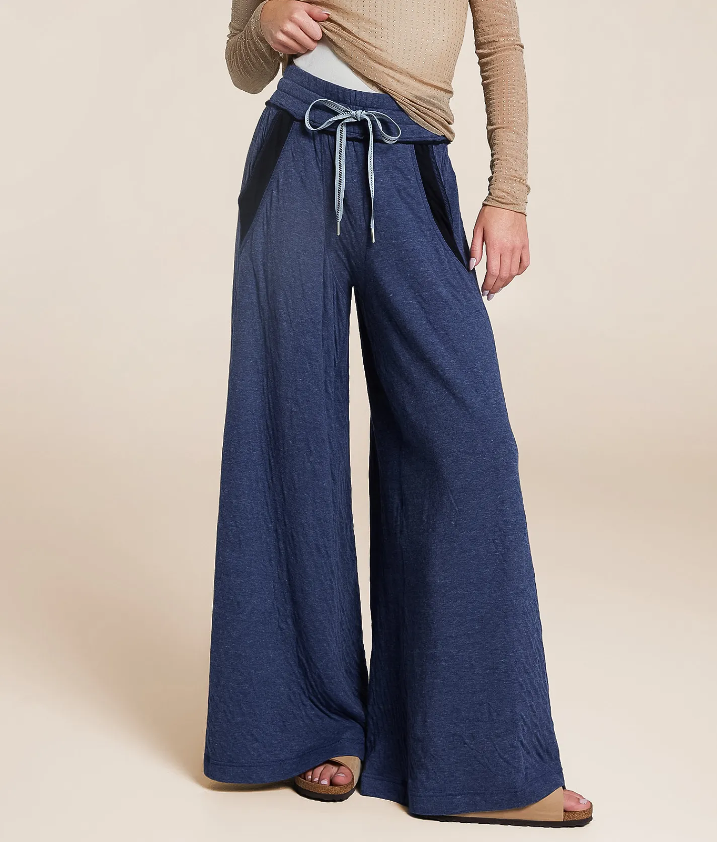 Free People Wait A Minute Wide Leg Pant Navy Heather Combo Outlet