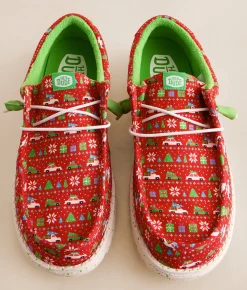 HEYDUDE™ Wally Holiday Sweater Shoe Red Green Multi Sale