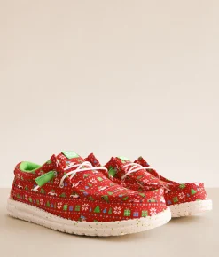 HEYDUDE™ Wally Holiday Sweater Shoe Red Green Multi Sale