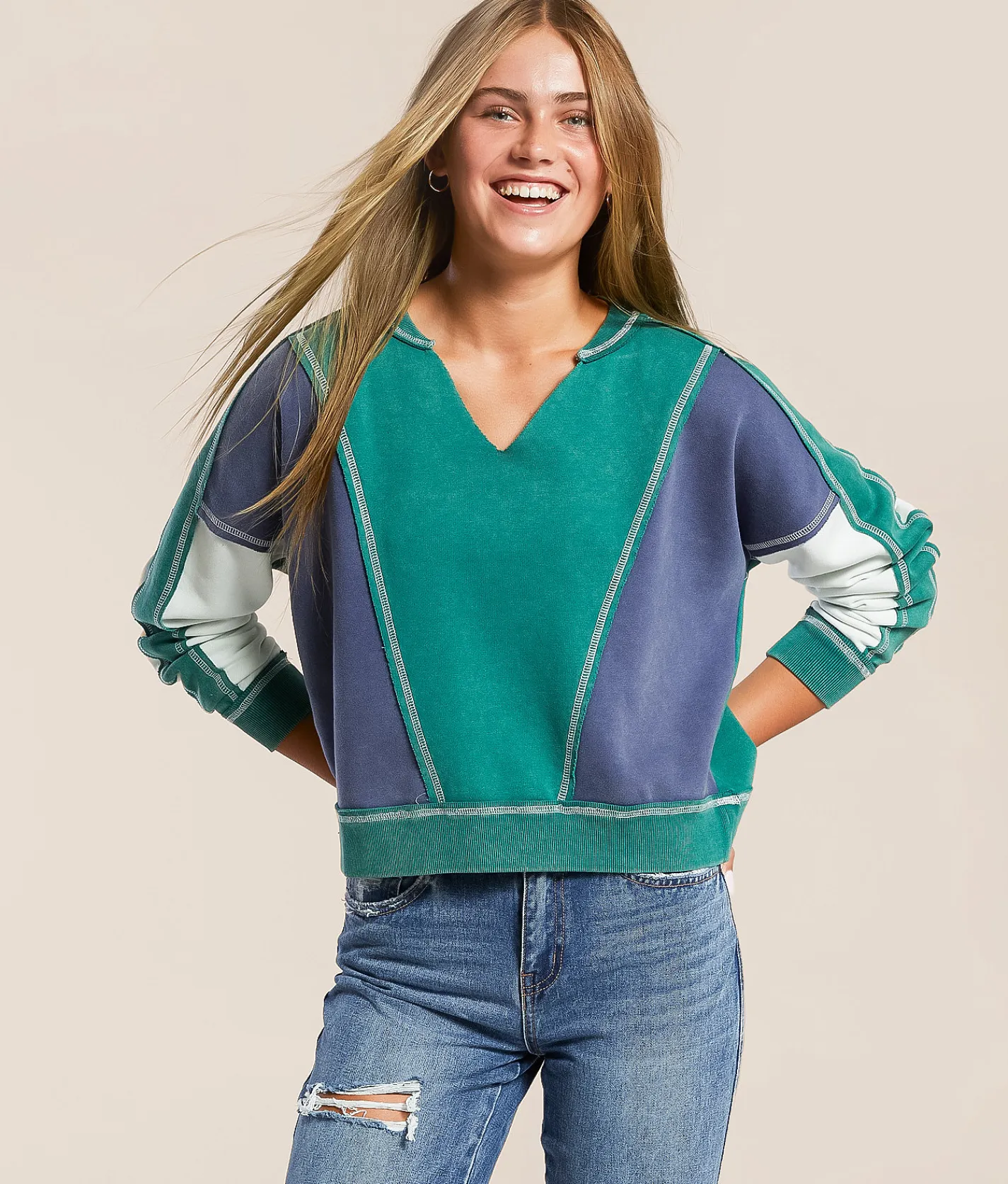 Tops | FITZ + EDDI Washed Color Block Pullover Antique Green