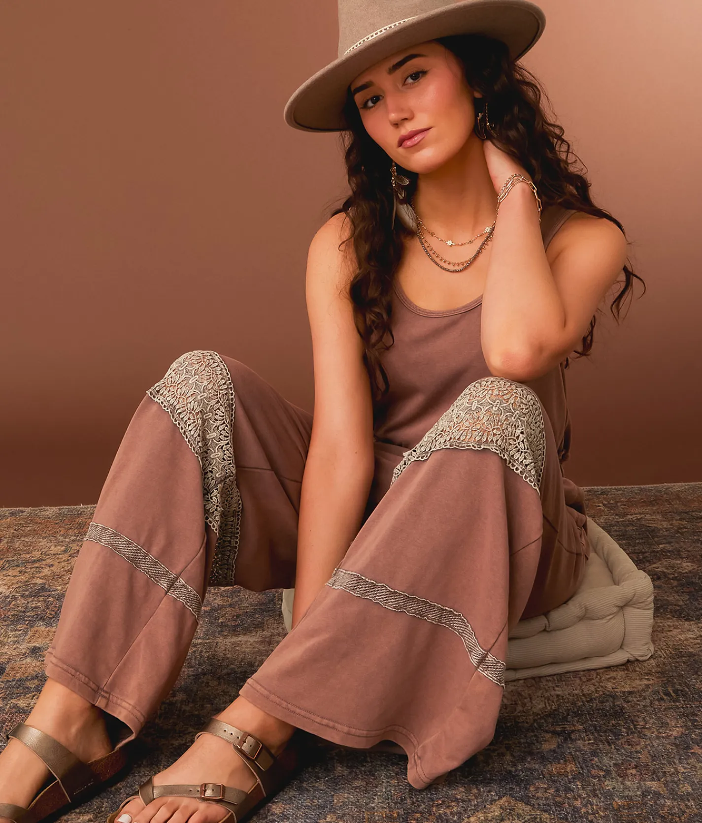 Rompers & Jumpsuits | Gimmicks Washed Crochet Inset Wide Leg Jumpsuit Deep Taupe