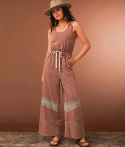Rompers & Jumpsuits | Gimmicks Washed Crochet Inset Wide Leg Jumpsuit Deep Taupe
