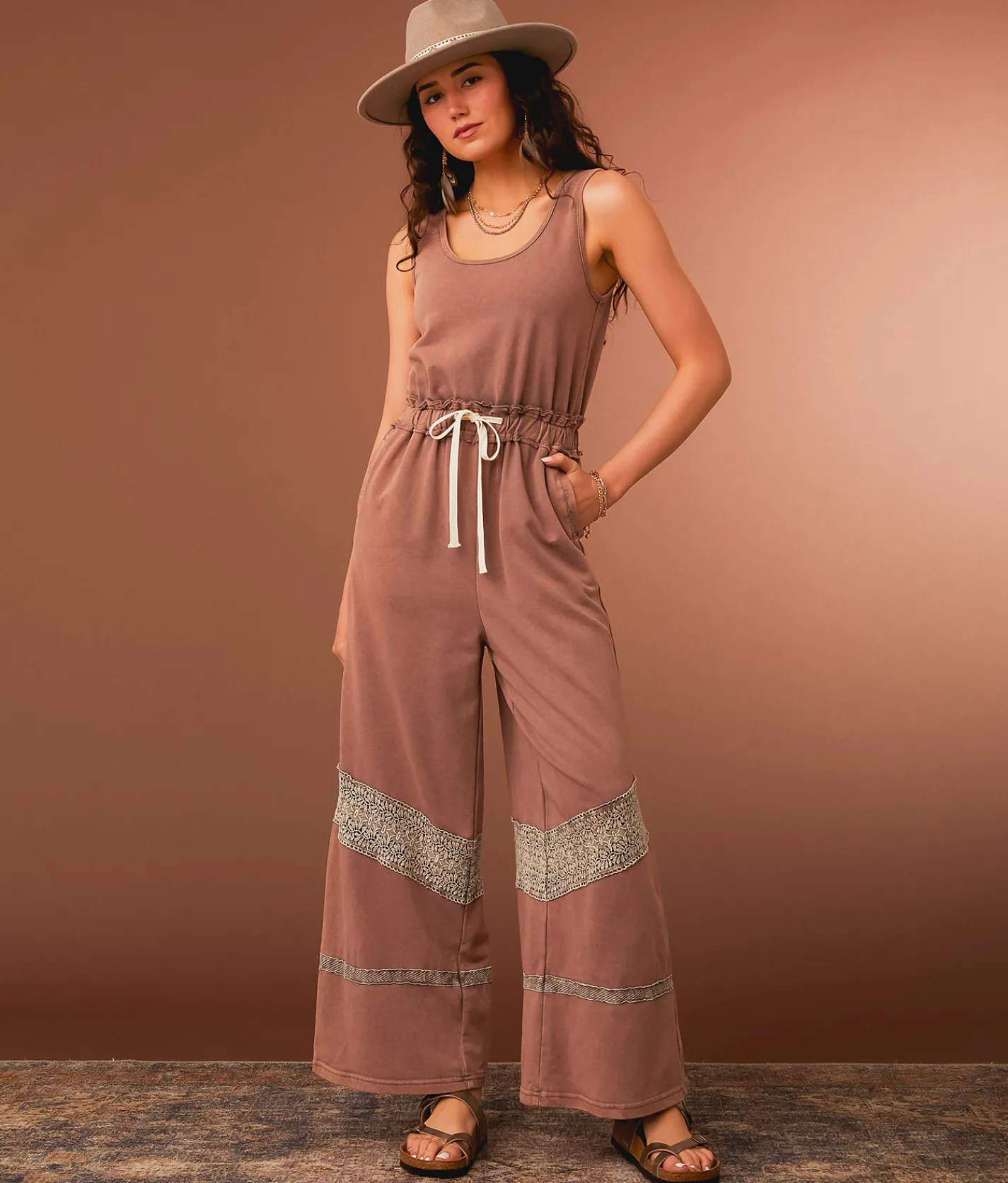 Rompers & Jumpsuits | Gimmicks Washed Crochet Inset Wide Leg Jumpsuit Deep Taupe