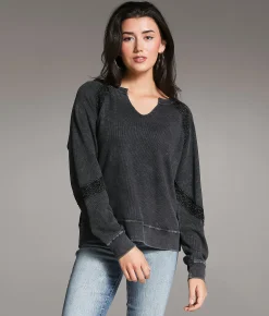 Tops | BKE Washed Crochet Thermal Washed Black