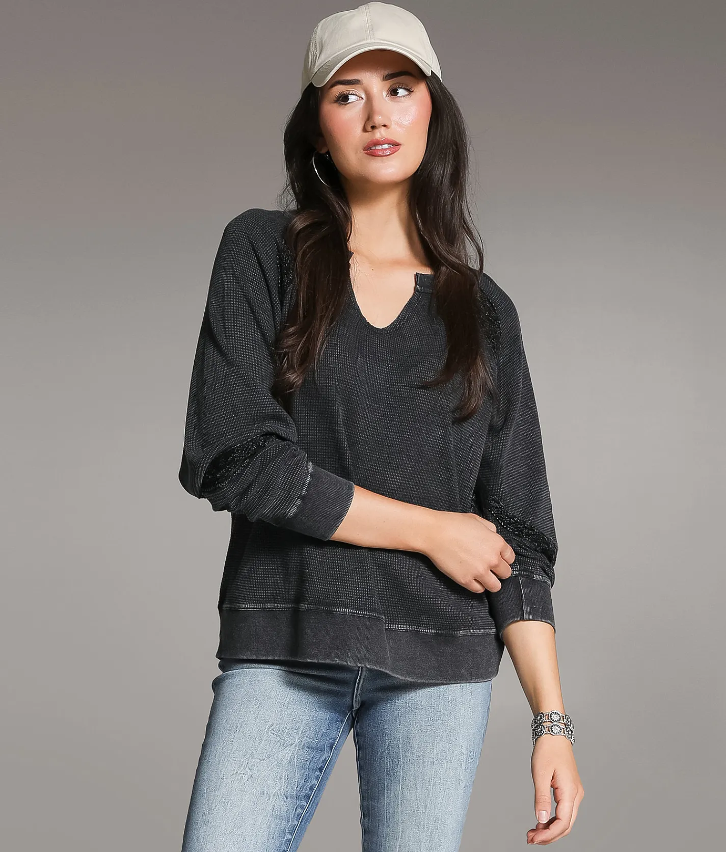 Tops | BKE Washed Crochet Thermal Washed Black