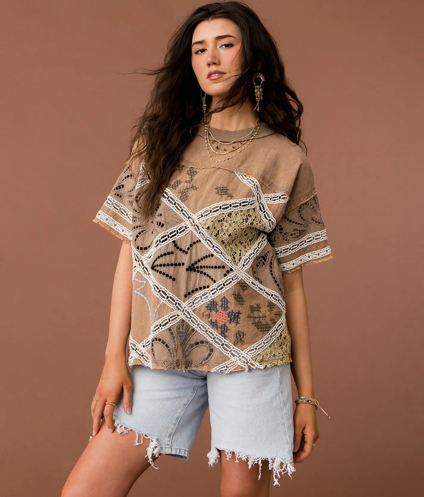 Gimmicks Washed Crochet Top Brindle Hot