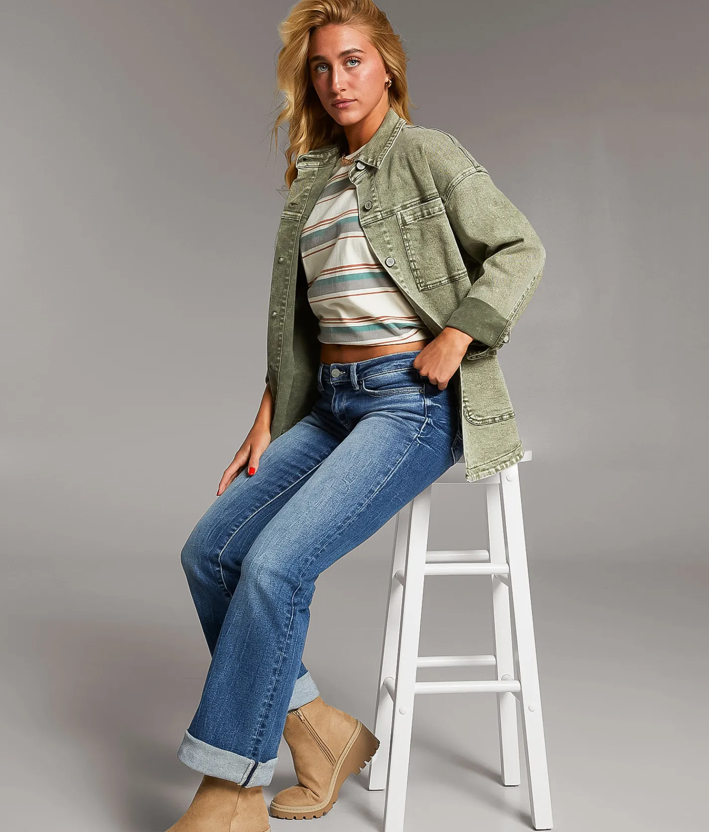 Tops|Coats & Jackets | BKE Washed Denim Barn Stretch Jacket Green