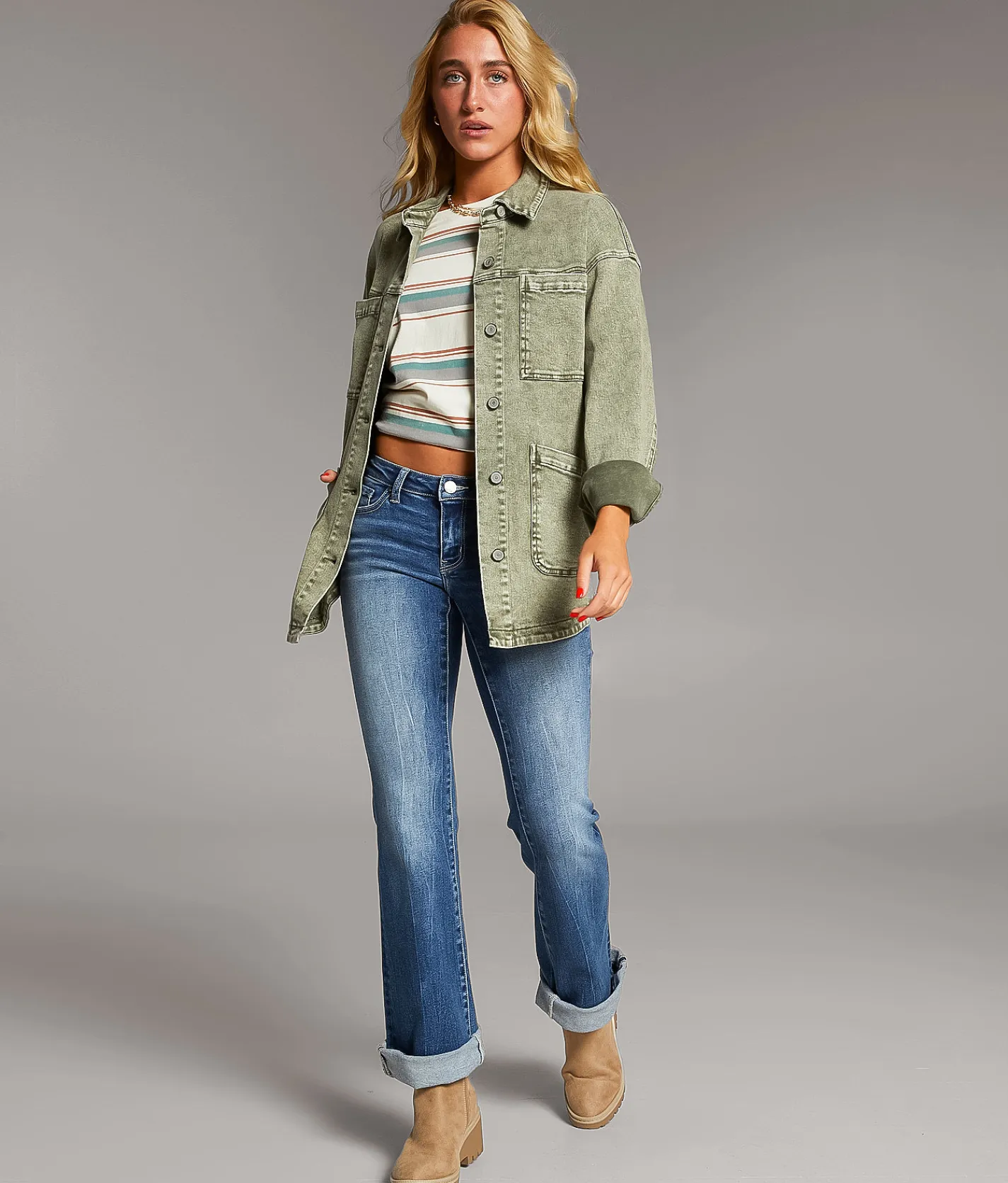 Tops|Coats & Jackets | BKE Washed Denim Barn Stretch Jacket Green