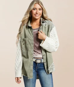 POL Washed Denim Oversized Jacket Olive Hot
